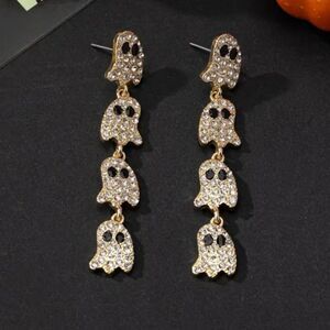 Rhinestone & Gold GHOST Spooky Dangle Halloween Earrings NEW